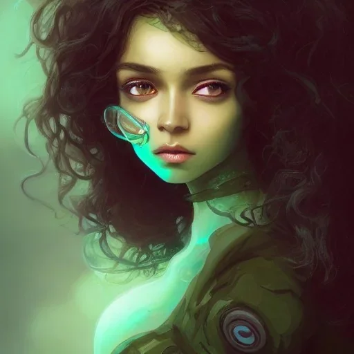 alien girl, cute, beautiful, long hair, curly hair, black hair, slim body, brown eyes, big eyes, green skin, turquoise dress, head and shoulders portrait, fantasy, 8k resolution concept art portrait by Greg Rutkowski, Artgerm, WLOP, Alphonse Mucha dynamic lighting hyperdetailed intricately detailed