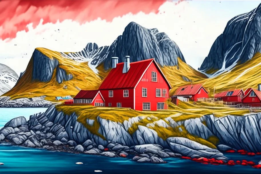 Drawing of the colorful nature of Lofoten Island in Norway, with a characteristic red houses, Ultra Realistic, ultra HD, Very detailed background