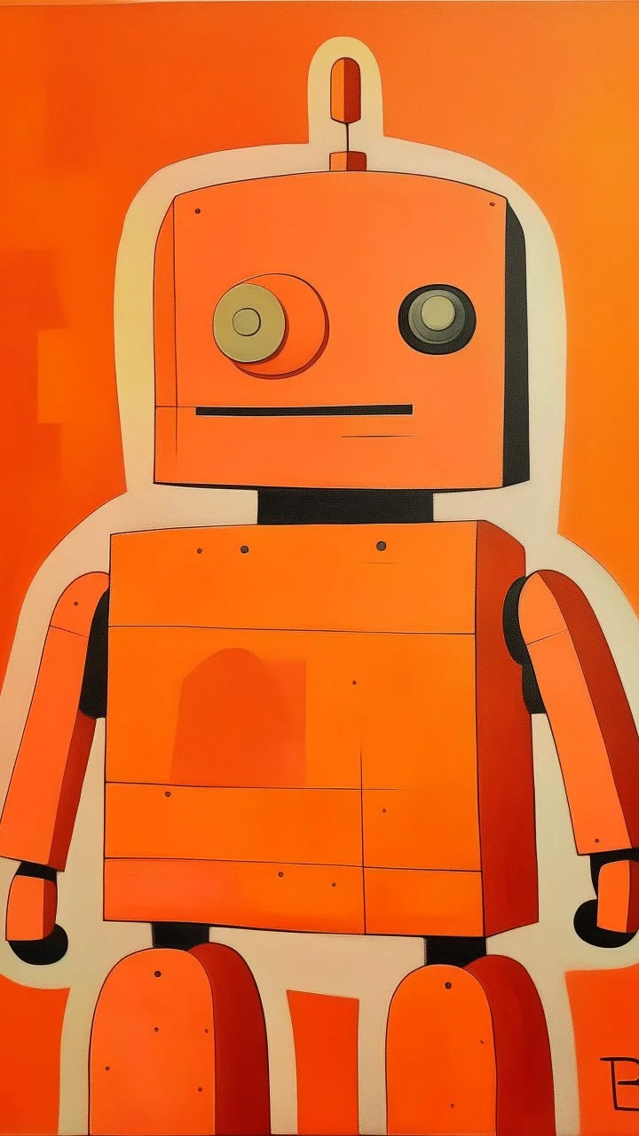 A light rosy orange colored robot painted by Paul Klee