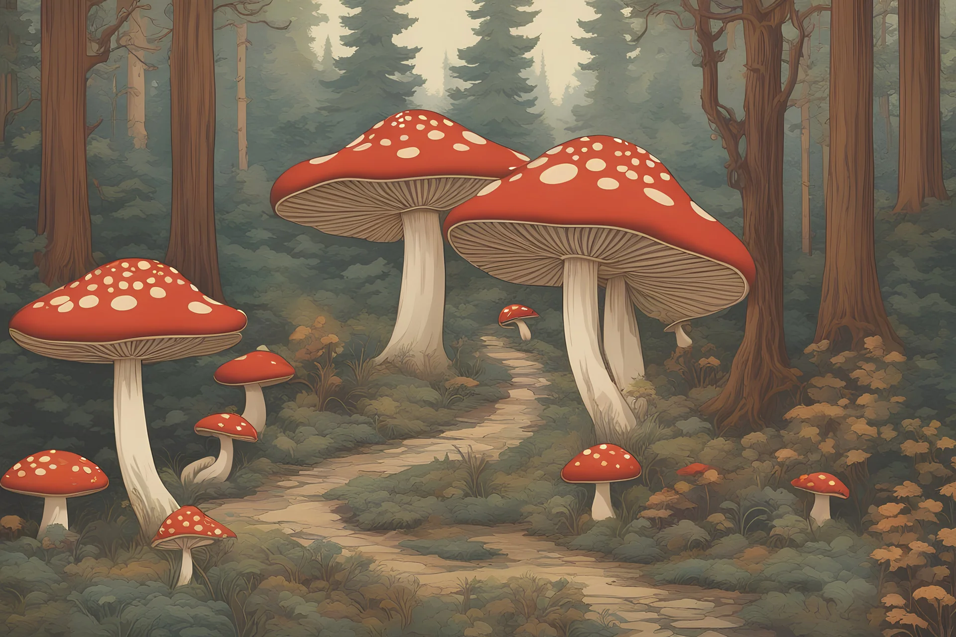 a detailed beautiful mushroom gnome retro forest. art nouveau. (Stanley Mouse psychedelic, Art Nouveau-influenced concert posters) more kitchen elements around. gorgeous forest in the background. surrounded by an art deco mushroom border.