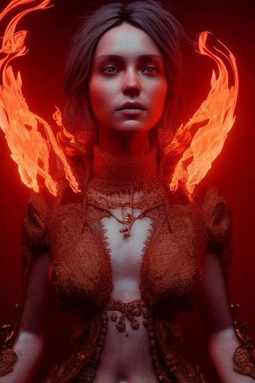 portrait of samantha prince set in fire, cinematic lighting, photorealistic, ornate, intricate, realistic, detailed, volumetric light and shadow, hyper HD, octane render, unreal engine 5 insanely detailed and intricate, hypermaximalist, elegant, ornate, hyper-realistic, super detailed --v 4