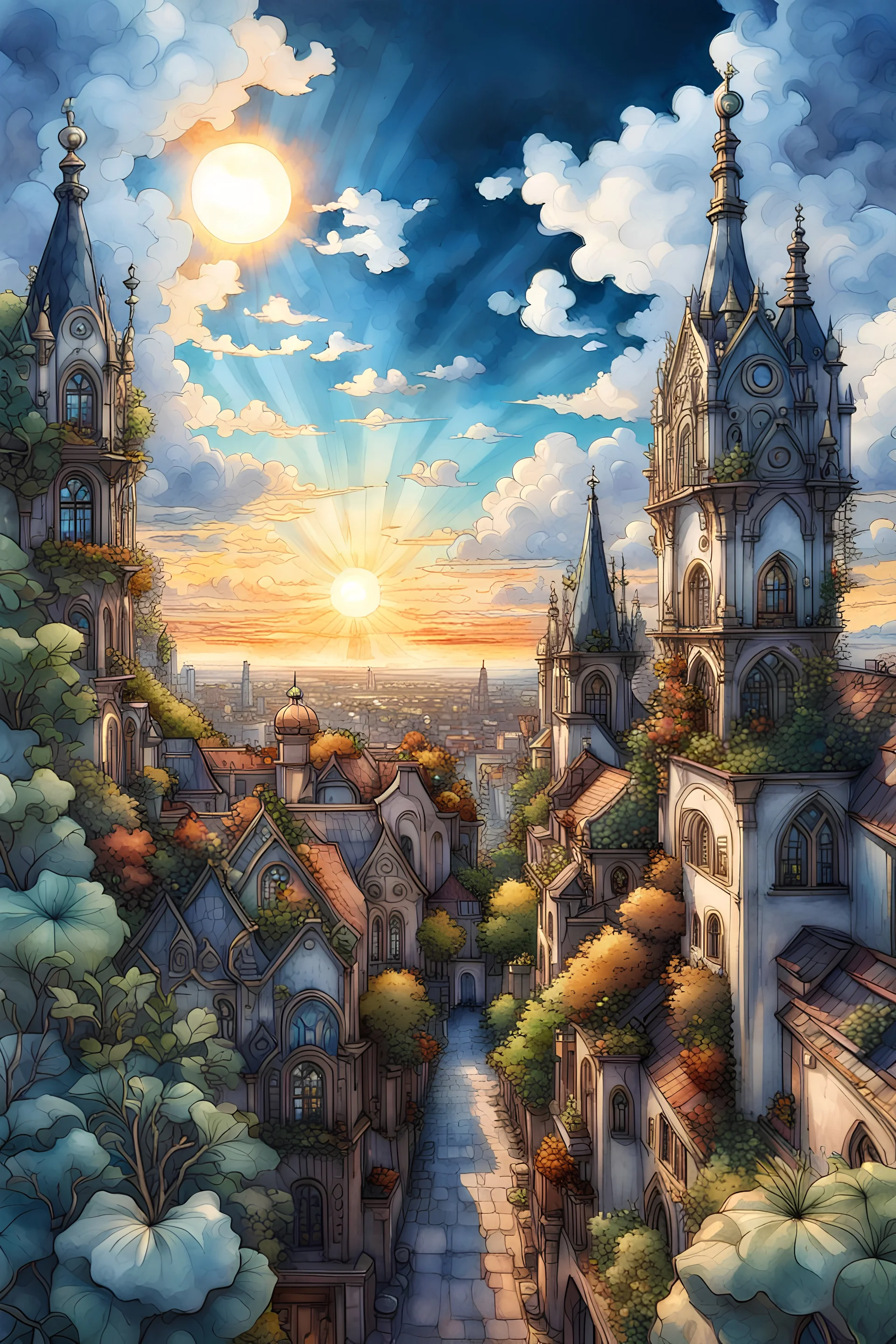 overhead shot, sprawling gothic city, steampunk, evening time , sun set, plants, blue sky, dynamic white clouds, magnificent, vibrant, hdr, 4k, 8k, watercolour , low angle shot, aesthetic, Mysterious sketch, gustav klimt