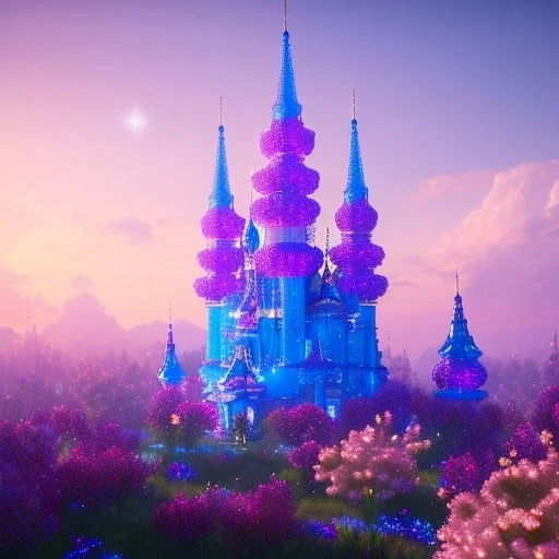 Blue cristal tower in a flowery countryside, glitter pink in a galactic ambiance, delicate colors in the foreground, full of details, smooth, light effect，vaporwave colorful, smooth, extremely sharp detail, finely tuned detail, ultra high definition, 8 k, unreal engine 5, ultra sharp focus