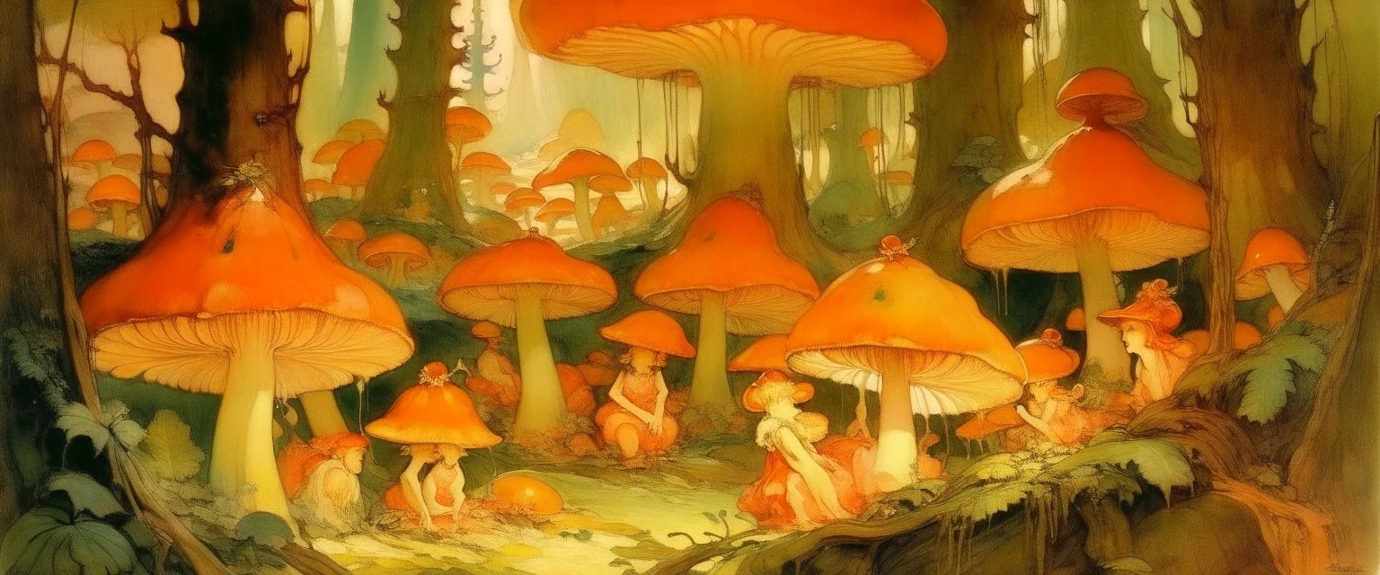 A light orange fairy kingdom filled with mushrooms painted by Edgar Degas