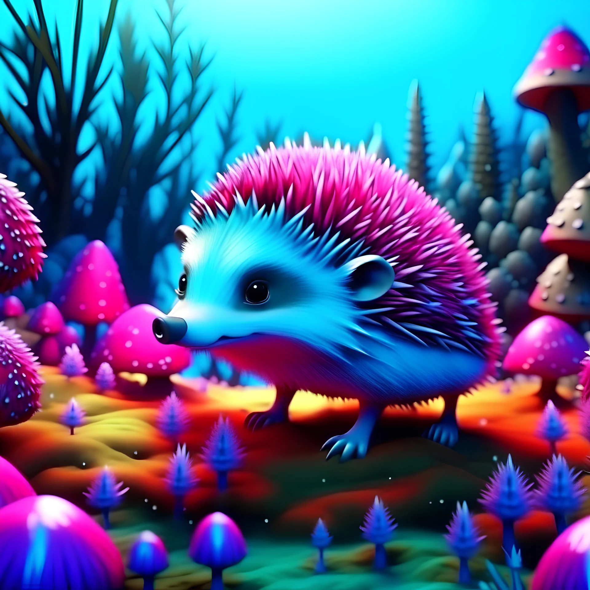 Hedgehog in wonderland. Fantasy vibrant 3d magical fairy Winter wonderland