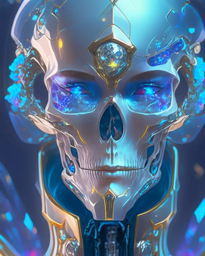 A glass headed skull with sapphire eys wearing a futuristic uniform, 8k resolution concept art portrait by Greg Rutkowski, Artgerm, WLOP, Alphonse Mucha Boris Vallejo dynamic lighting hyperdetailed intricately detailed Splash art trending on Artstation triadic colors Unreal Engine 5 volumetric lighting, by Hajime Isayama