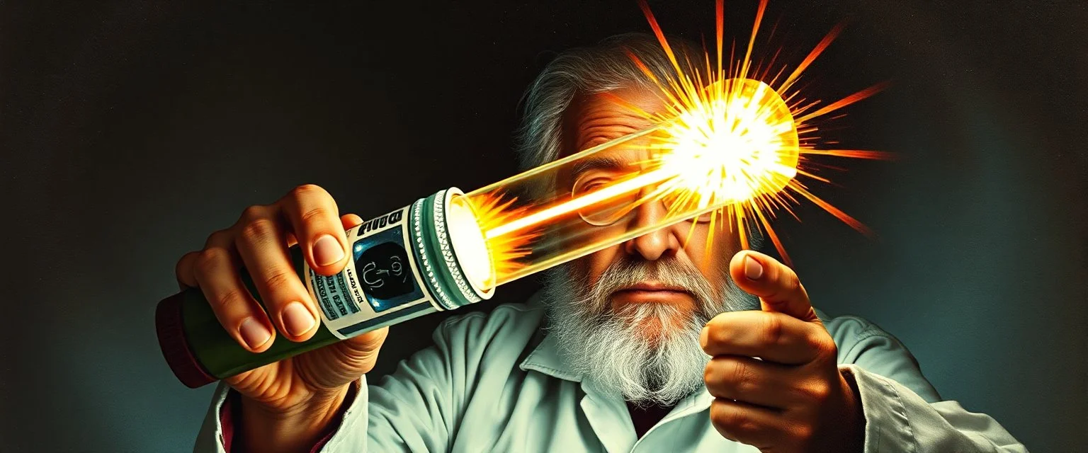 pin hole cam, master oil painting by Rembrandt, realistic rendering of crazy scientist holding a holy neon glowing super power tube gensis vial