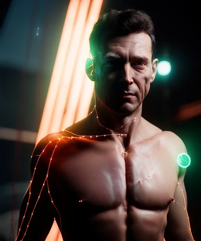 Ultra realistic photographic night portrait, full body shot view, cinematic, naked, young, face shaved, led lights <strong man> <hanging wires> many wires connected to the head <perfect pupil> <cyborg> <garage> <sci-fi futuristic> <thriller>, fog, soft color, highly detailed, unreal engine 5, ray tracing, RTX, lumen lighting, ultra detail, volumetric lighting, high definition.