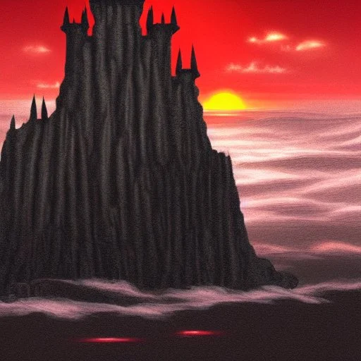 dnd, fantasy, black castle, black sand, illustration, demonic, brutalist, blood-red sky, -sun