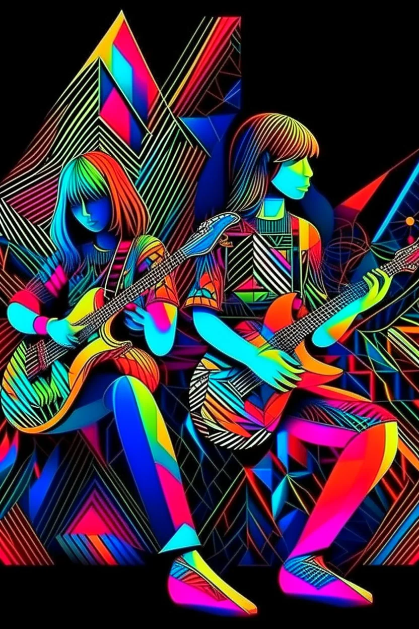 psychedelic guitarist musicians with geometrical patterns and neon colors