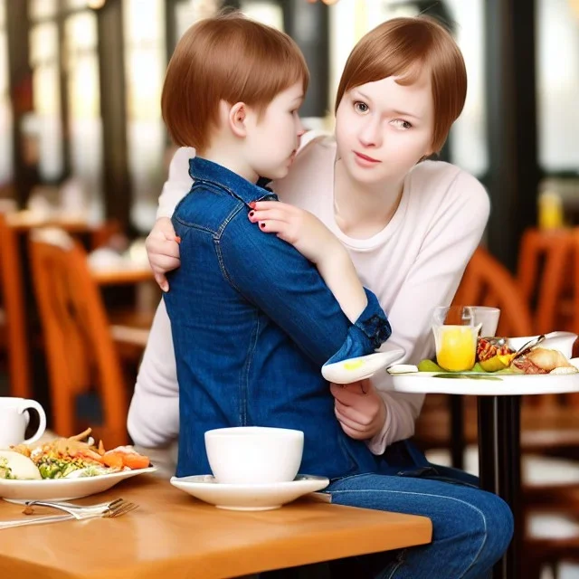 Realistic photo Russian shorthair beautiful 20-years tomboy boyish boylike young wife wide hips in restaurant with little daughter