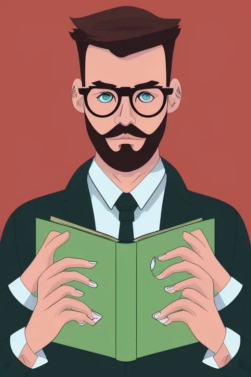 Fit man in round glasses with bookshelf in background, stubble,no beard, reading book, slim, tie, monotone, green eyes, comic book style, two tone colours, detailed, ink, realistic, handsome, square jaw, big brows, no jacket, bird on the shoulder, spotlight