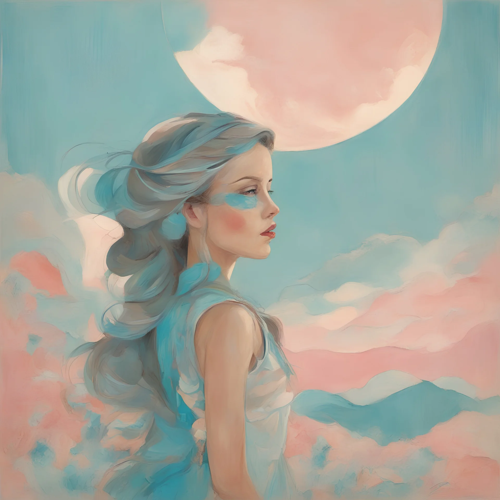 A woman in the sun, in the style of Moebus,, turquoise, Grey, beige, pink, with a little girl