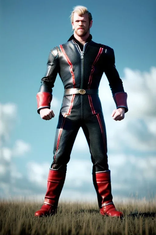 retro portrait image from 1960, sky background, wind, extra long blonde hair, fighting stance, young Chris Hemsworth, clean shave face, black dress, classic long tight lycra black suit, red cap, platinum lycra with scales on the arms, gold bracelet and belt, high boots, soft color, highly detailed, unreal engine 5, ray tracing, RTX, lumen lighting, ultra detail, volumetric lighting, 3d, finely drawn, high definition, high resolution.