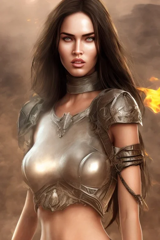 Perfect face megan fox, warrior clothes, highly detailed face, highly realistic, fog, fire, particles