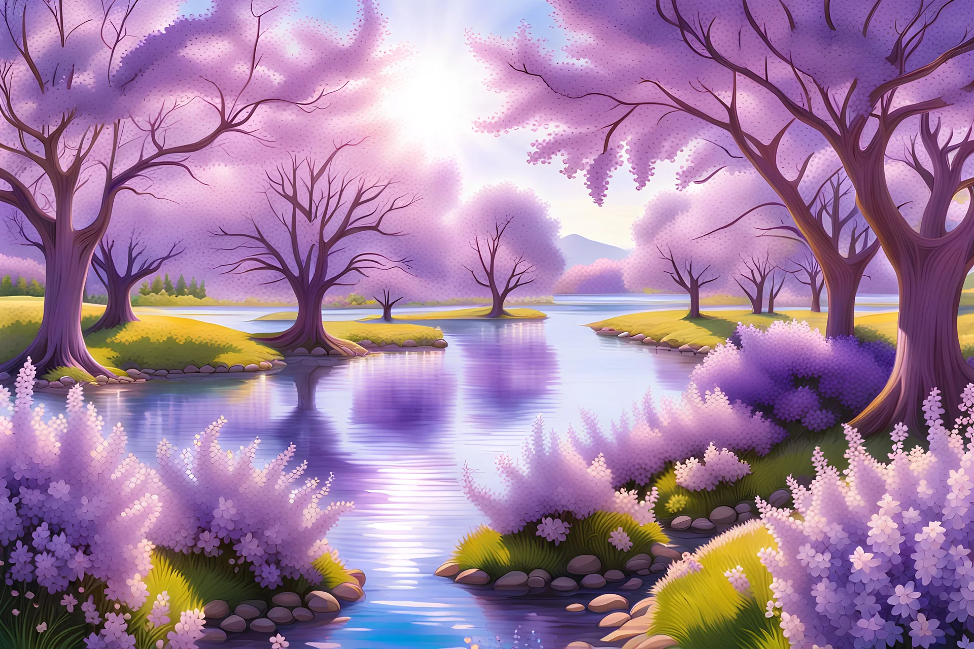 magic park with lilac trees with white or pale purple flowers, parma or blue light effects colors, sun, realistic, beautiful blooming trees in summer, river, flowers, highly detailed, high contrast, 8k, high definition, concept art, sharp focus