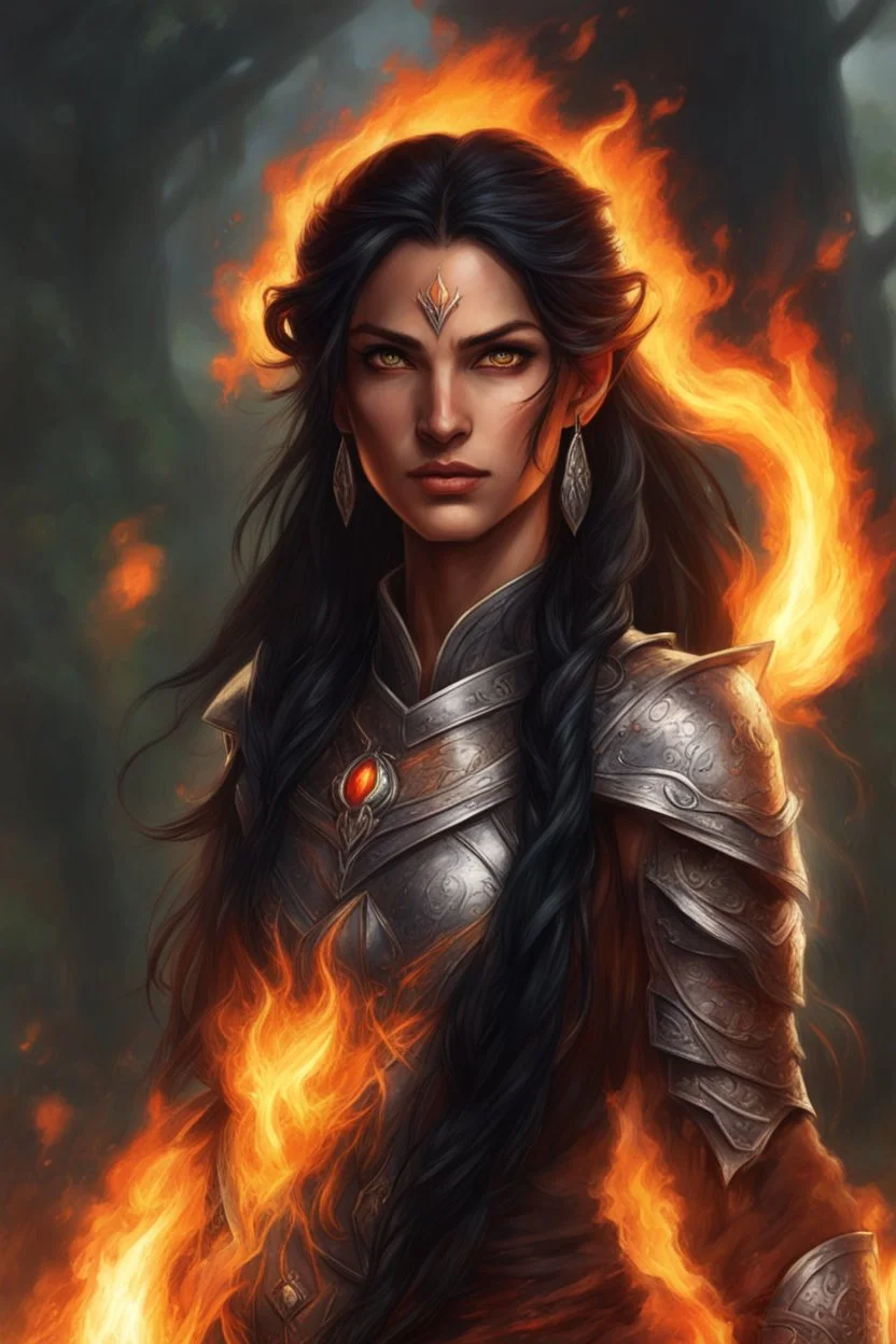 Imagine a powerful eladrin druid with striking black hair. Her eyes glow like intense fire as she effortlessly conjures flames with her hands. Long hair, half braided and cascading, appears ablaze, emitting fire. Clad in light armor, she relies on magic and fire, bearing a significant scar on her face. Tanned skin complements her commanding presence, while a fiery crown-like adornment graces her black hair.