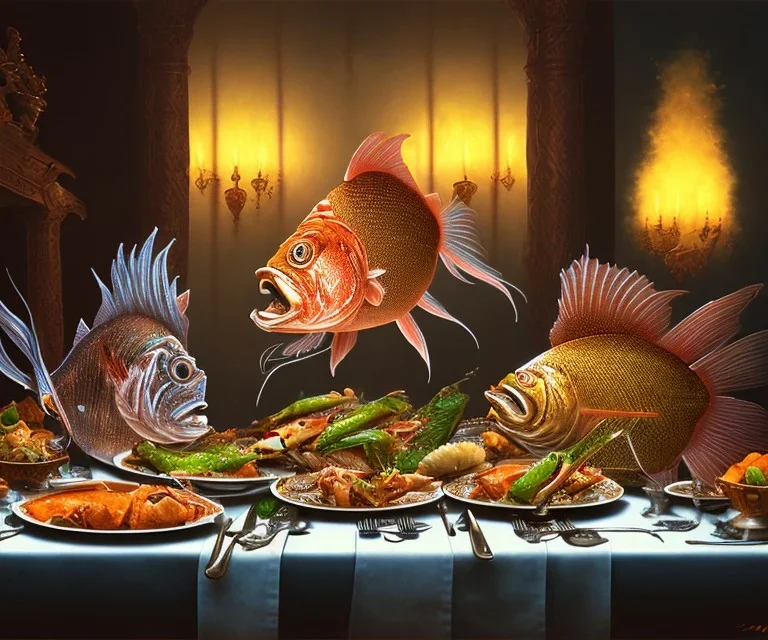 supper, fish sit at the table and eat pieces of people.