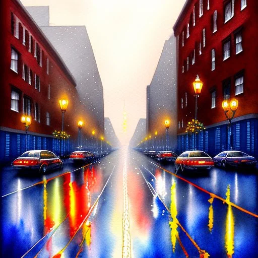 watercolor painting of a rainy street in Center City Philadelphia.