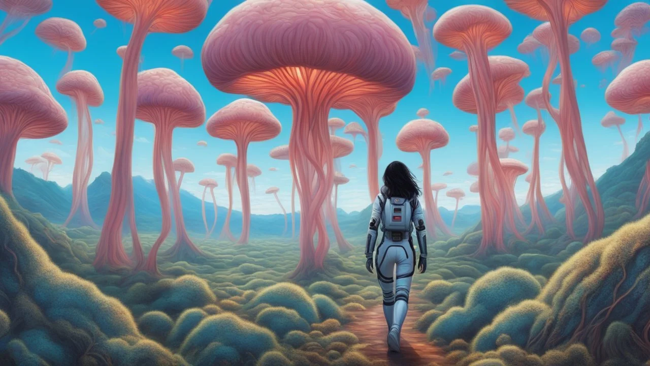 woman with black hair, in a tight spacesuit, without a helmet, walking through Alien mushrooms with jellyfish tentacles in an alien forest, photorealistic, Deep Colour, Intricate Detail, sunshine, blue sky