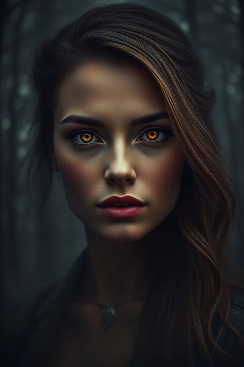 Vintage portrait of a beautiful woman head, sharp glowing eyes, misty forest background, eerie twilight lighting