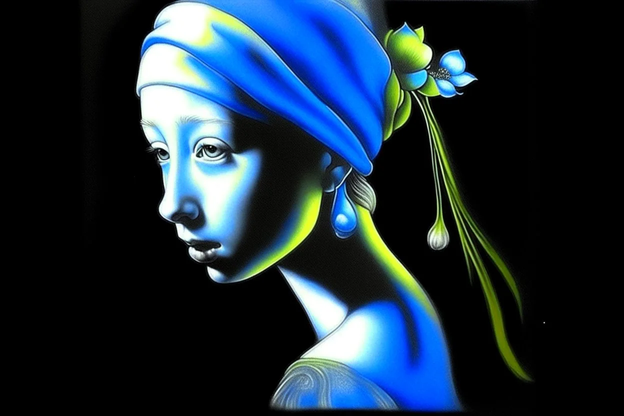 flower cut, girl with pearl earring S<AI in moonlight, shaded pastel and charcoal drawing, bioluminescent, holographic