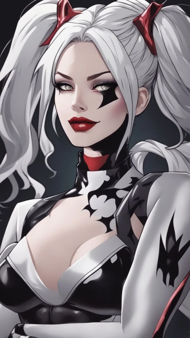 A close picture to Mix between Harley Quinn and venom symbiote with white hair in solo leveling shadow art style