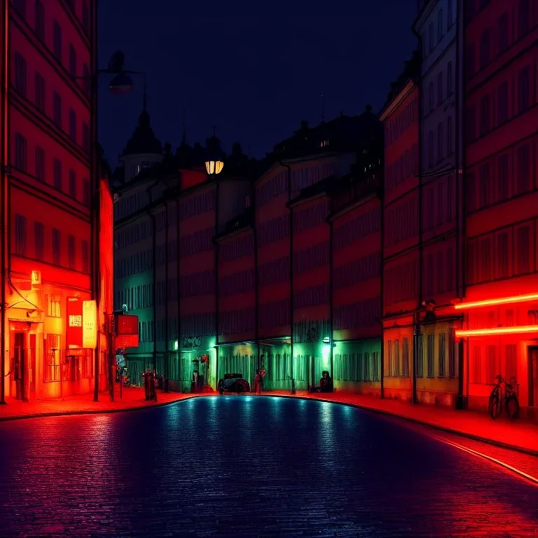 photography, theme art, 8K, night, neon lights, ignore NSFW Stockholm streets realistic high detail