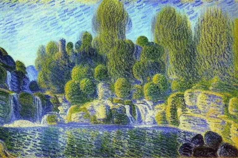 Big epic waterfall, rocks, trees, alfred sisley impressionism painting