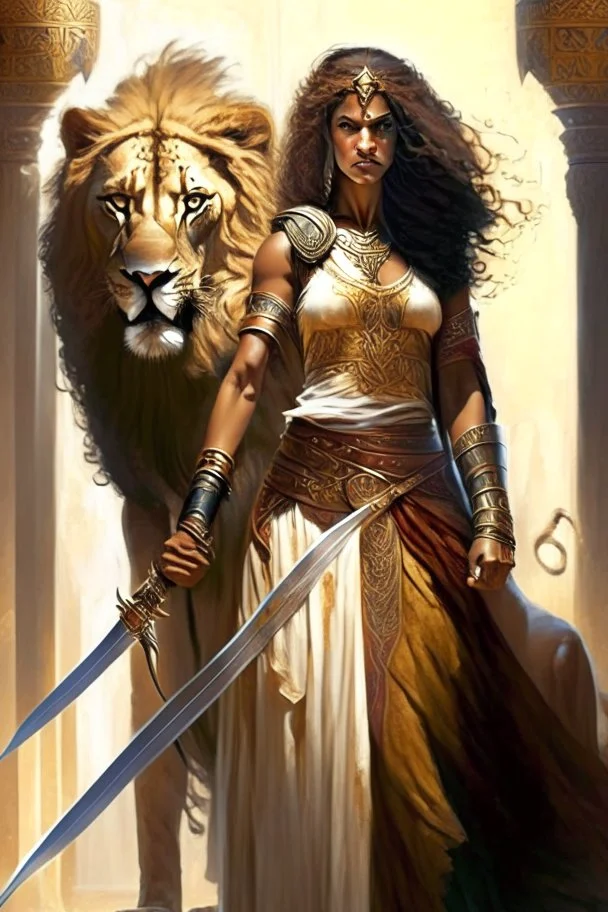 An Arab warrior, a full-body female, whose hair is not visible from the dress, holding a sword, standing next to a powerful lion