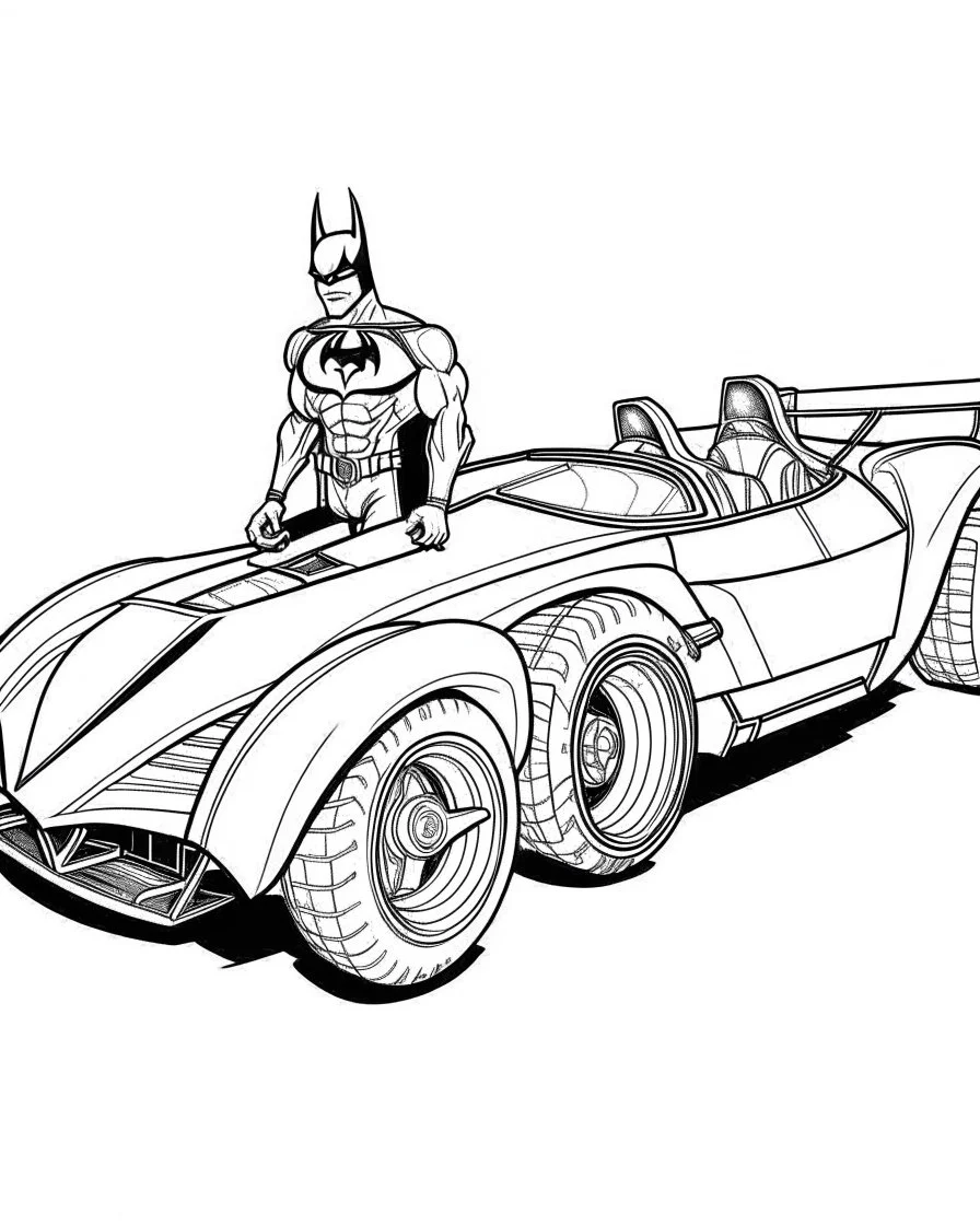 batman with his The Batmobile coloring page, no leaves, full body (((((white background))))), only use an outline., real style, line art, white color, clean line art, white background, Sketch style