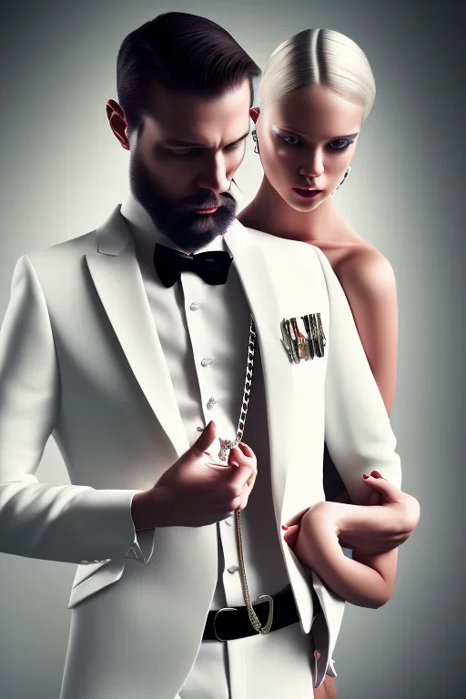 BDSM style, 8K, a Highly detailed portrait of a man holding a submissive woman in the chain, white suit, beard, and short hair