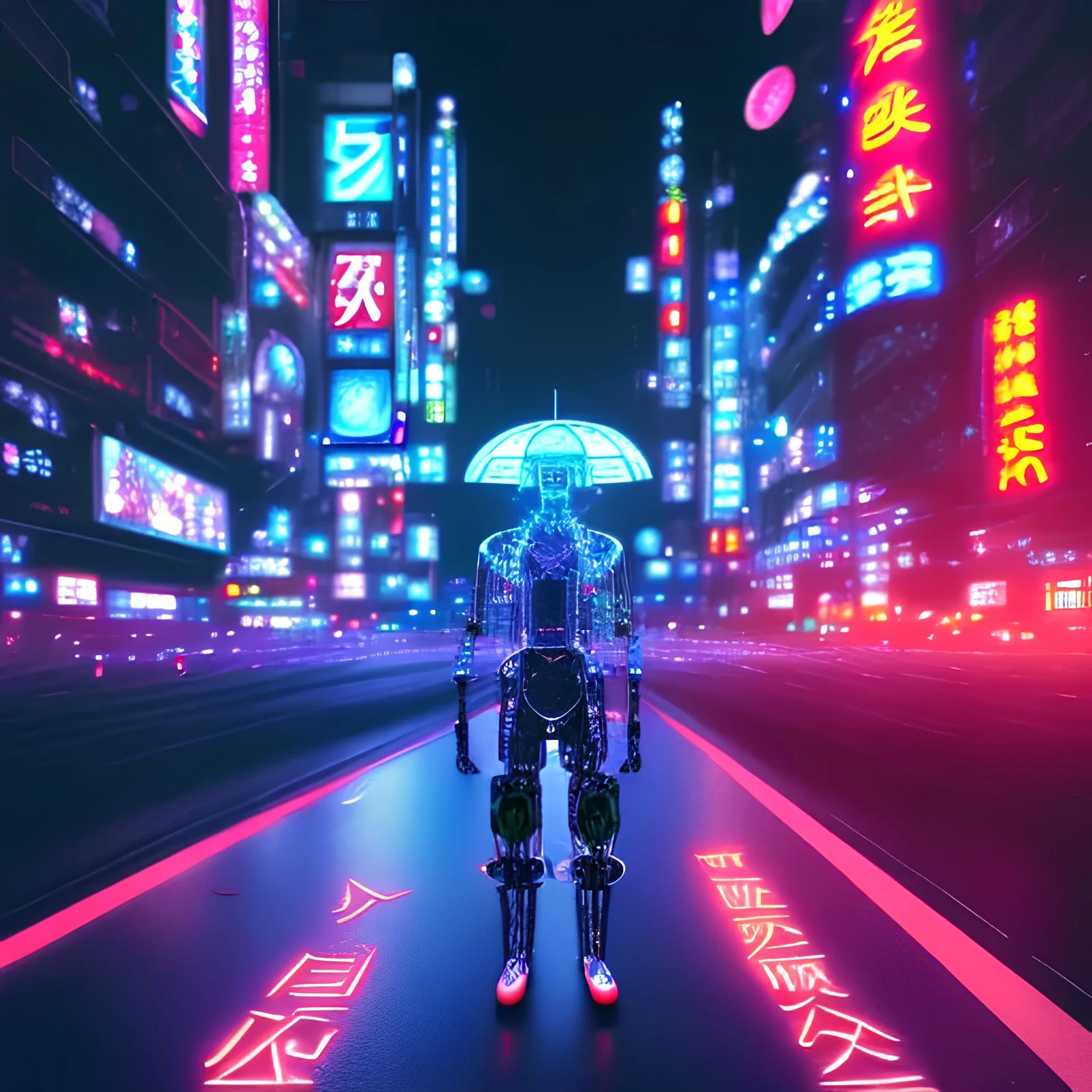 photo of a cyborg in an alternate universe in tokyo; cyberpunk; realistic; rain; neon signs