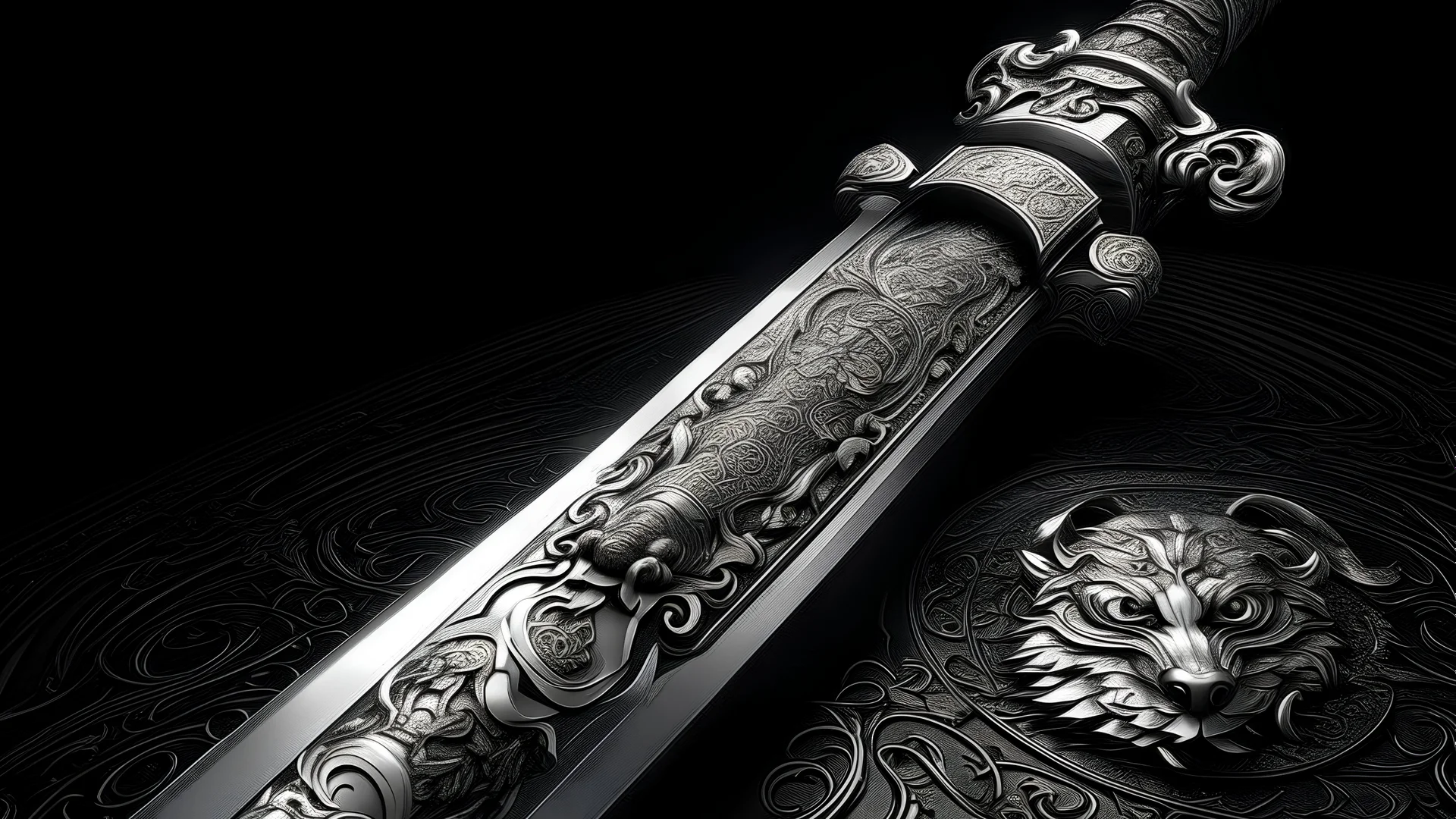 A magnificent sword with a wolf head handle, forged from strong, gleaming steel that shines with an almost supernatural light. The blade is long and slightly curved, meticulously polished to a mirror finish, and etched with intricate patterns resembling flowing fur, giving the impression of a wolf in motion. The cutting edge is razor-sharp, reflecting the skill of a master blacksmith. Along the spine of the blade, runes are inscribed, glowing faintly with a silver-blue light, suggesting a powerf