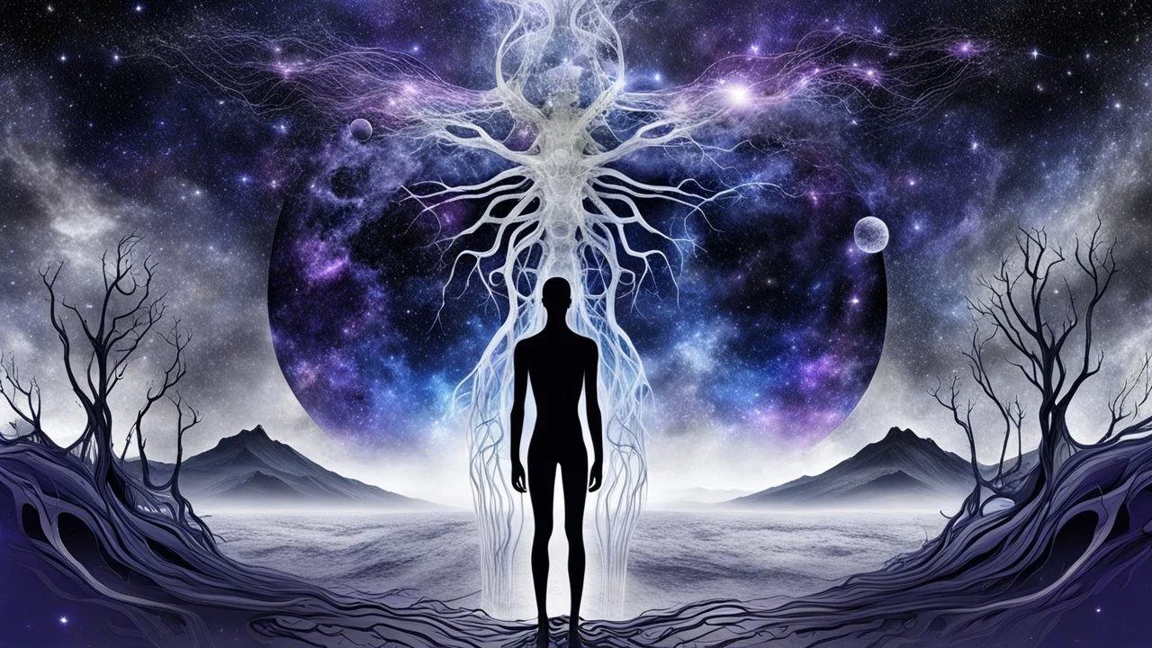abstract 2d digital art graphic and ink montage,. galaxy in background with nebulas, pale silver gray human nervous system with fade little lights , dark purple, white-dark blue-pale gray and black colors, stunning composition with strange surreal vibe, emotional, abstractions, neurodivergens soul and mind, cinematic, thriller, four little human dark shilouette floatings in universum