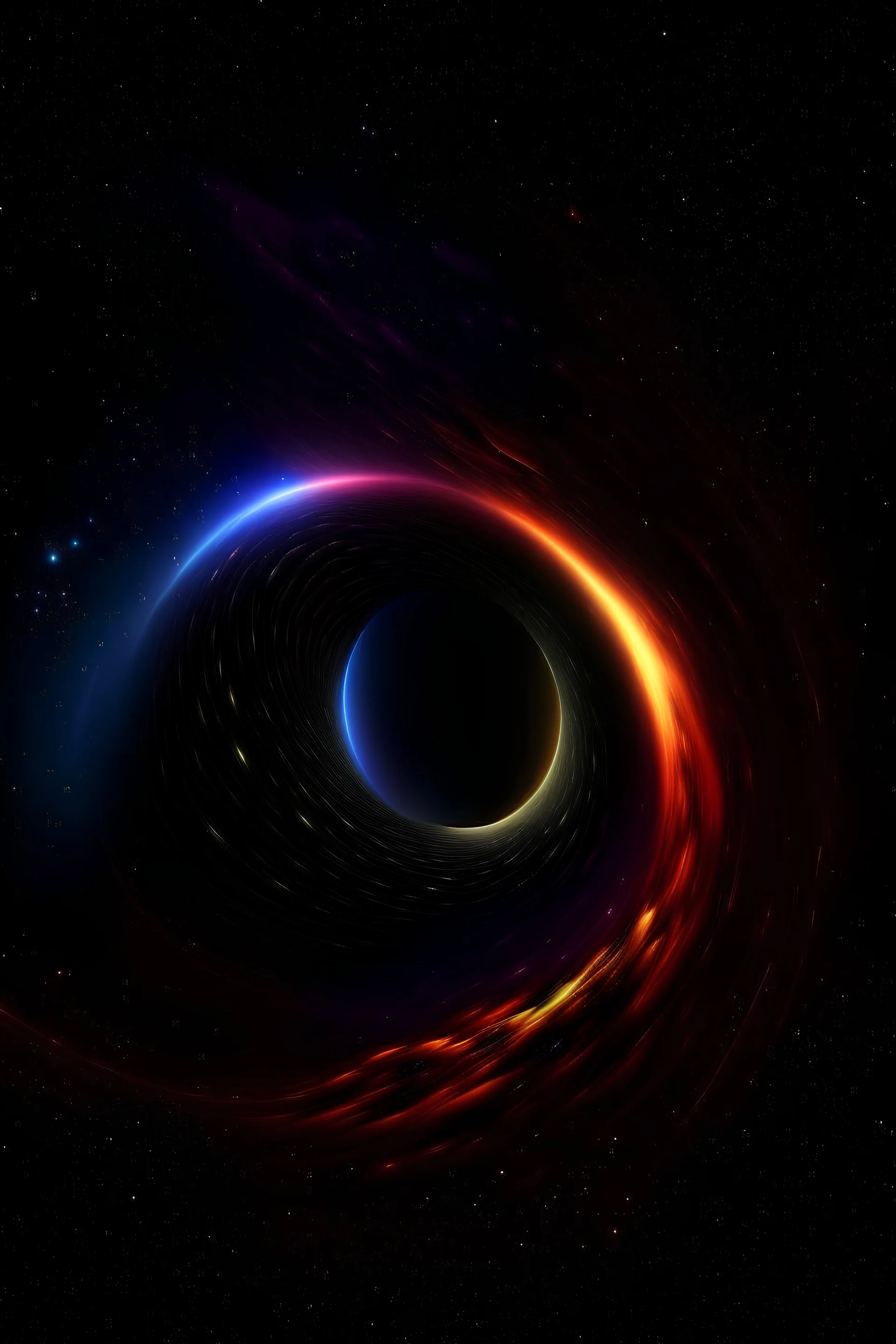 Black hole rotating around itself in bright colors in HD resolution, with stars and planets shining behind it in deep space.