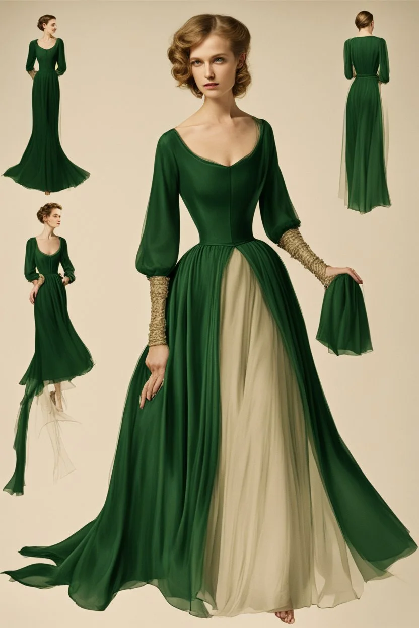 A long, flowing dress in a deep emerald green. The dress would have a high neckline, fitted bodice, and A-line skirt. The sleeves would be sheer and billowy, with delicate embroidery at the cuffs. The dress would be belted at the waist with a gold metallic belt.