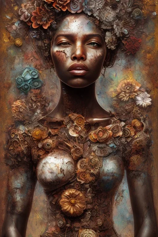 an abstract painting of rusted metal and flowers, heart filled with love African slave lady working so hard, rust, scaffolding, iron cladding, decay, mixed media, textured, anatomically correct, beautiful perfect face, sharp focus, highly detailed