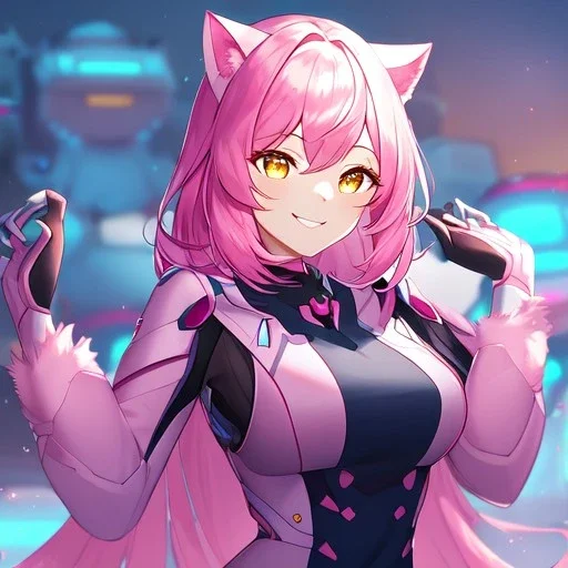 Clear focus,High resolution,High quality, Smiling, Pink long fluffy hair, Pink cat ears, Yellow eyes, Wearing a pink mech uniform,