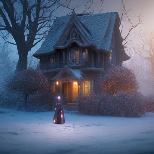 robed grim reaper behind sad, abandoned, miserable dog tied to a tree outside with house in background, winter, loneliness, 8k resolution, high-quality, fine-detail, iridescent, intricate, digital art, detailed matte, volumetric lighting, illustration, 3D octane render, brian froud, howard lyon, selina french, anna dittmann, annie stokes, lisa parker, greg rutowski