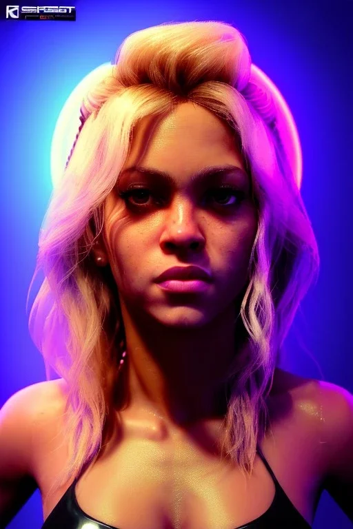 portrait, Shakira, blonde artist, angry, Realistic image, latex style dress. Skewers, loose long hair, eyes make up, perfect, glow, circle iris. Neon colors, leds, geometric shapes. Dark background, photo studio, neon lights. Cyberpunk, concept art, smooth, unreal engine 5, god lights, ray tracing, RTX, lumen lighting, ultra detail, volumetric lighting, 3d, finely drawn, high definition, 4k.