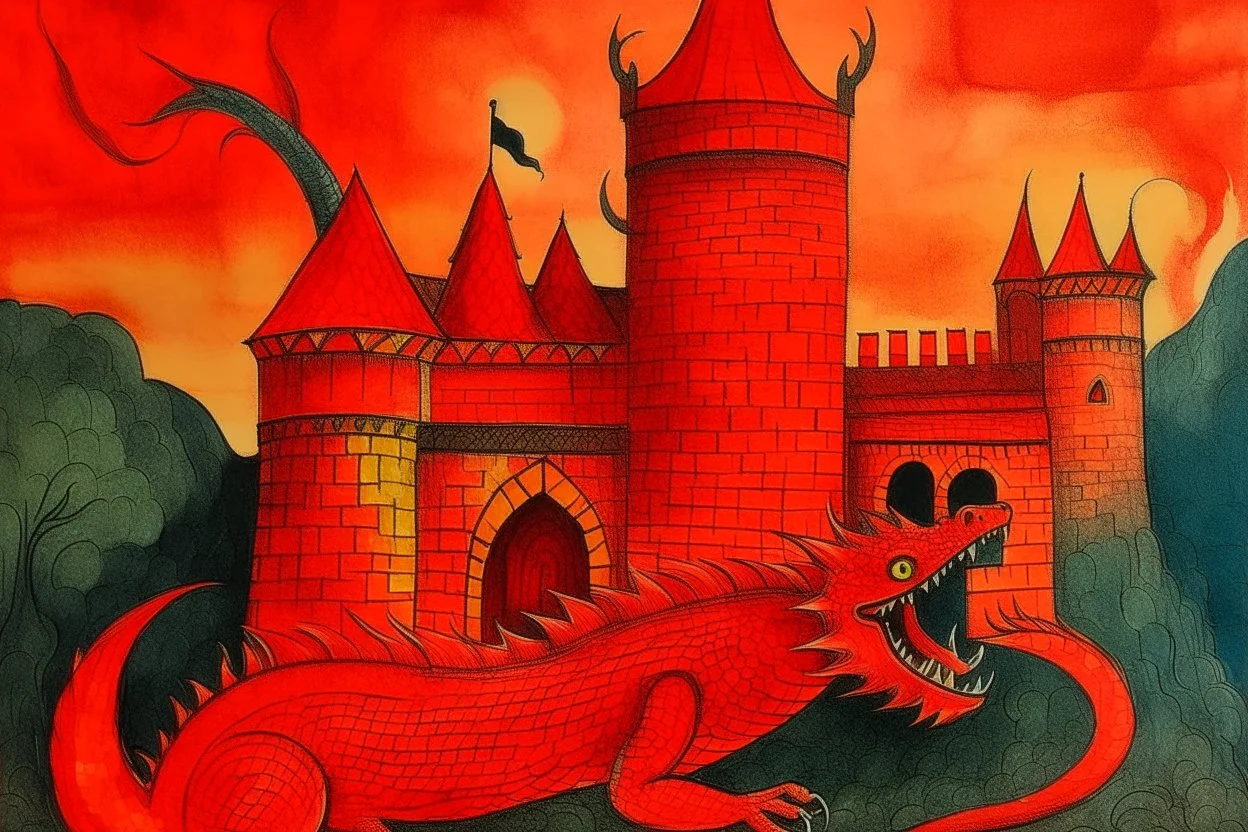 A light red castle with a fire breathing dragon painted by Paul Klee