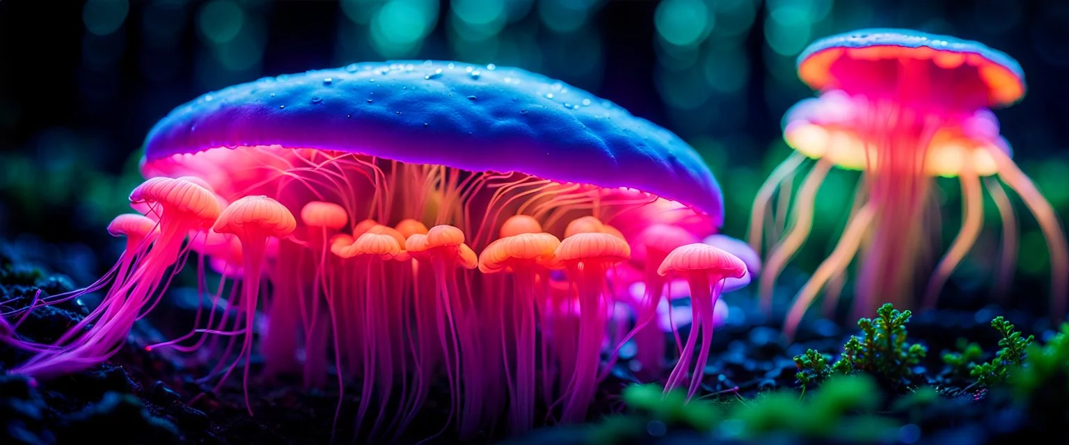 microscope bio luminous Rainbow floating JellyFish Fungus, fungal, light floating in a forest, mist, light trails, nighttime,long exposure, Treeline, Alberta, scientist, Dystopian, Hyper detailed, Realistic, Extreme depth of field, bokeh blur, Alberta all-natural, National Geographic, in the style of candid, imperfection, natural lighting, cinematic, Fuji Film, Anamorphic lens, 2040s, --ar 4:5 --w 150 --style raw