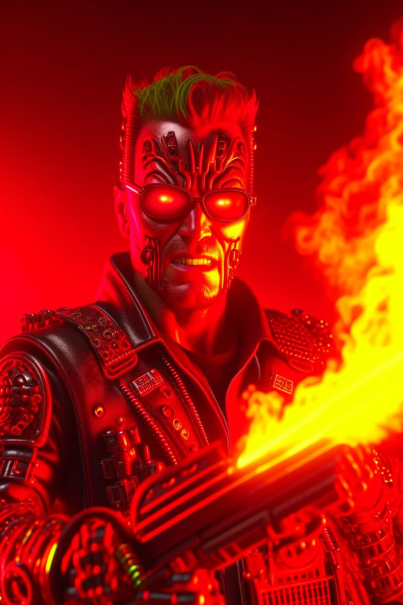 4k realistic terminator surrounded by flames with a red punk crest playing bass.