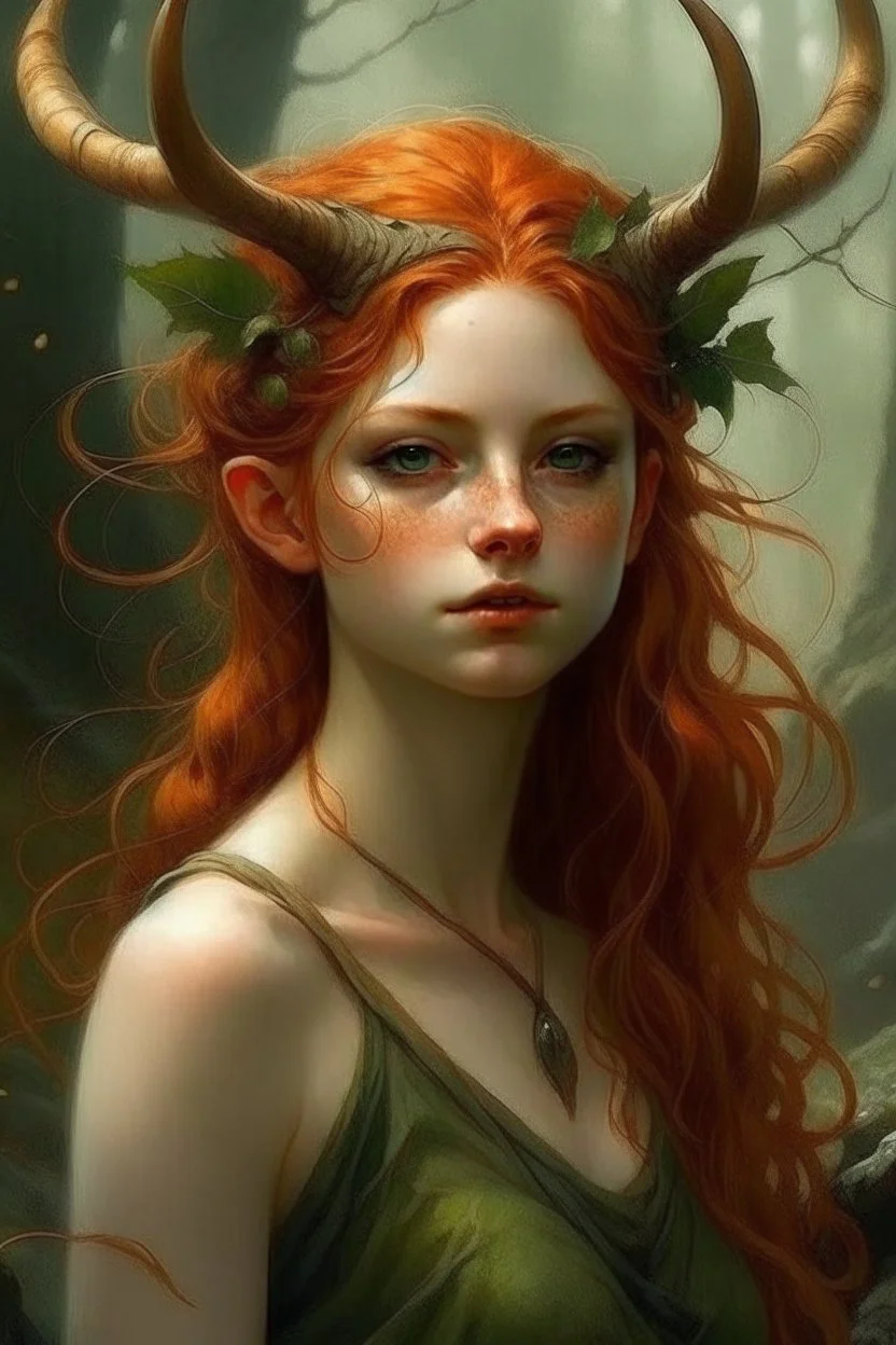 pretty girl, aged 17, ginger, conventionally attractive, realism, dreamy, tight top, faun, satyr, full length