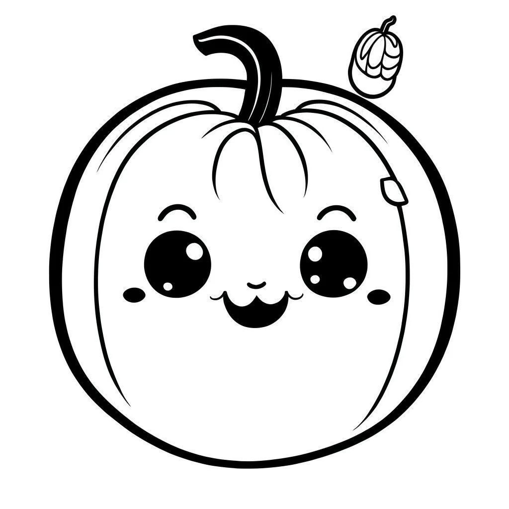 create a 2d black outline, " kawaii pumpkin coloring book for kids", coloring page, low details design, black contour, coloring page design, colorful , card style, coloring page for kids, halloween backgorund,sketch style,