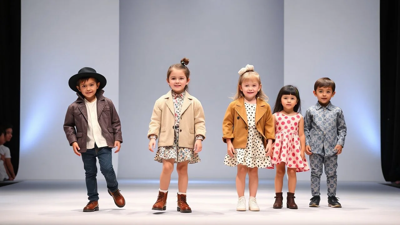 a luxury fashion show of 3-5 old years children showing modern clothing