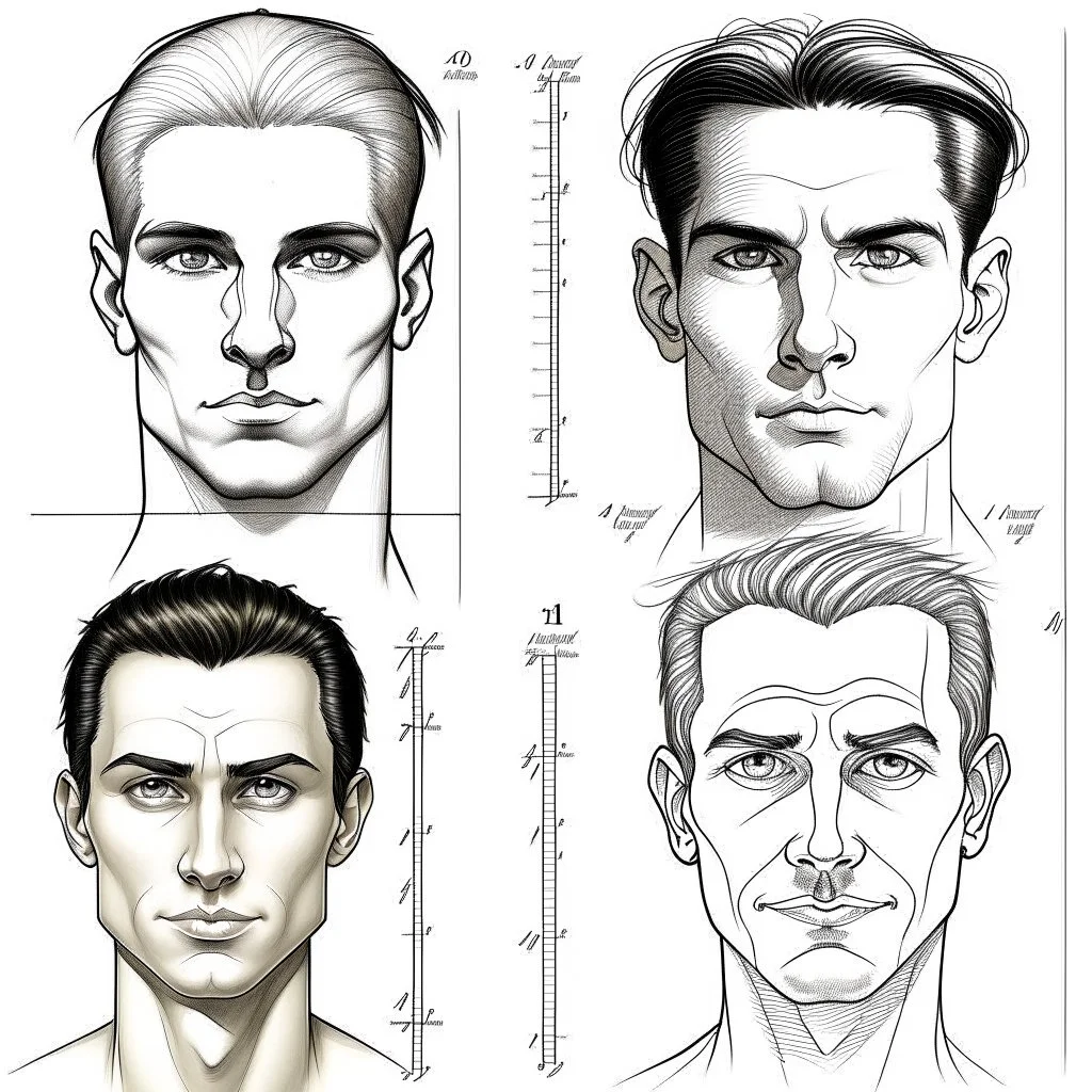 About drawing these features of a man's face Eyes: almond-shaped, medium-sized with defined eyelids and a direct and steady look. nose: a nose with prominent features, straight and with a slightly pointed tip, which can be described as a Roman nose. Mouth: Medium width with defined lips, neither too full nor too thin. Eyebrows: Naturally dense and curved, to match the shape of the face. Mustache: dense and arched following the shape of the upper lip.Chin and jaw: A prominent chin and defined j