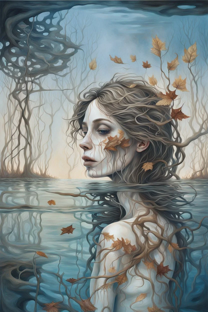 surrealistic painting depicts a woman submerged in water, with only her face visible above the surface. Her hair is dark brown with blonde highlights, and her eyes are a warm brown. Below the waterline, her torso is replaced by a skeletal ribcage entwined with translucent, organic root-like structures and dried leaves, revealing the internal decay beneath the skin. The upper part of the painting features a dilapidated, light-colored building with multiple levels and a dome, seemingly floating on
