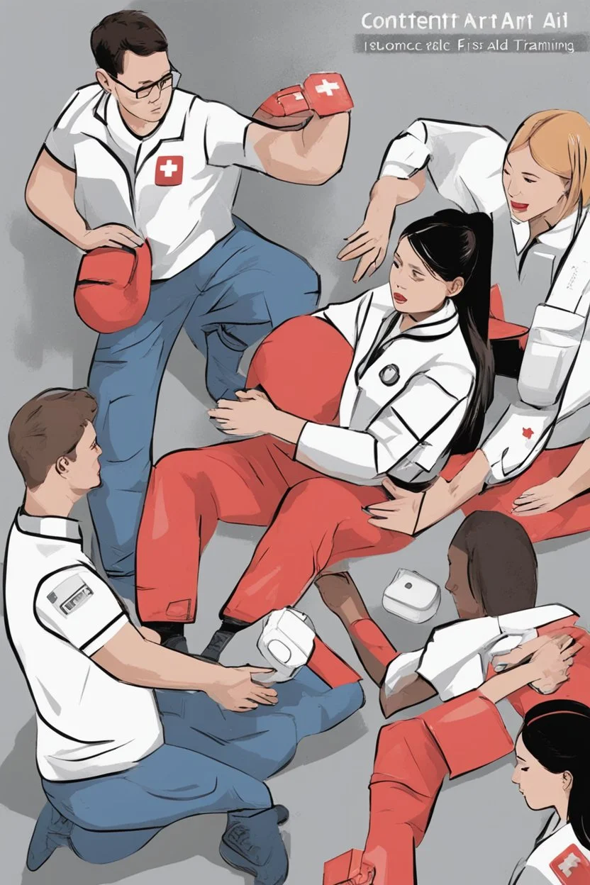 Content Art, **Featured Art:** A dynamic illustration showing diverse individuals participating in First Aid training, with emphasis on hands-on practice. **Appearance:** content art that effectively communicates the importance of First Aid training, safety for women, disabled individuals, and protection against workplace exploitation, these content art ideas aim to captivate and inspire action while promoting universal public, manpower, and community civil and humanitarian rights protection and